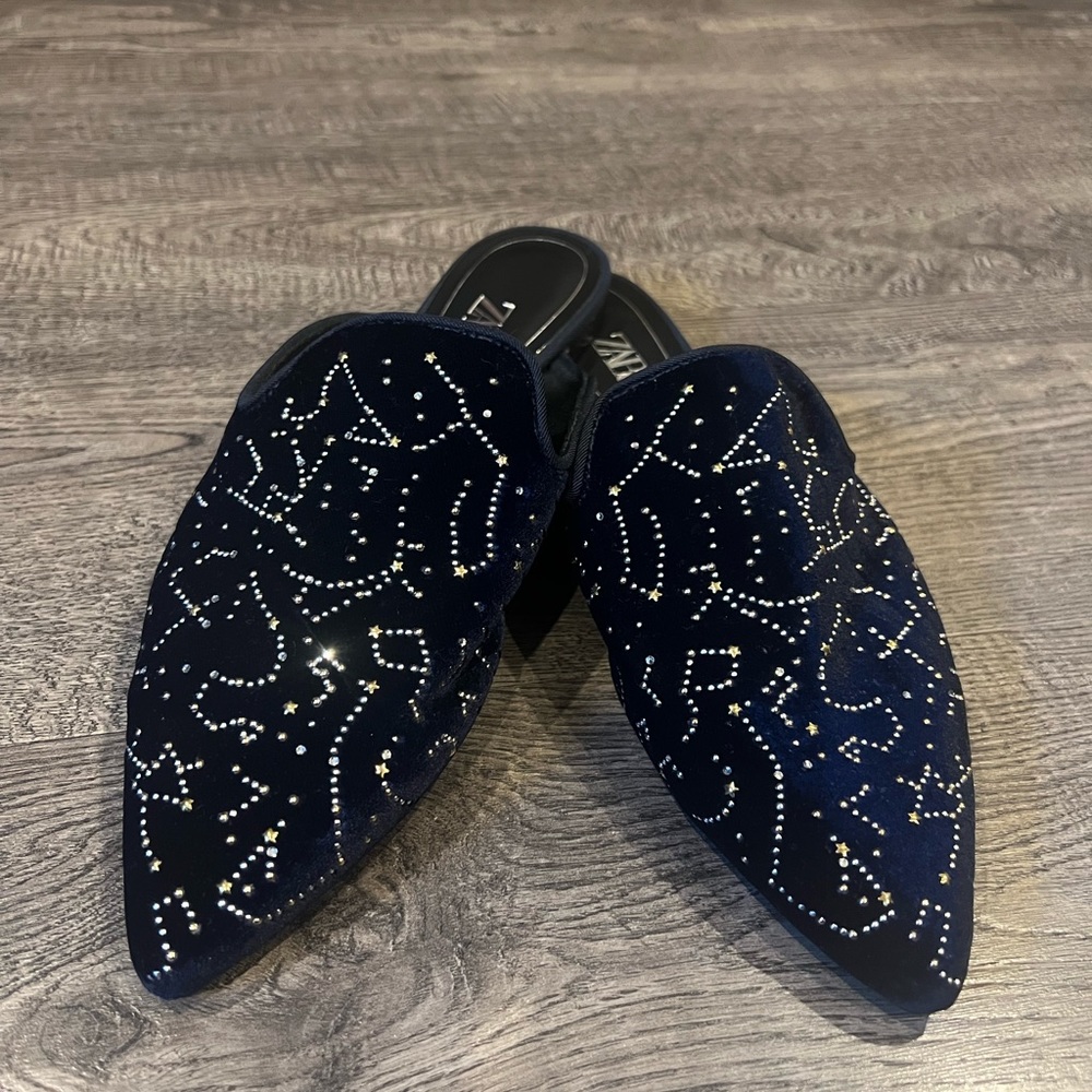 ZARA Constellation Blue Velvet Mules